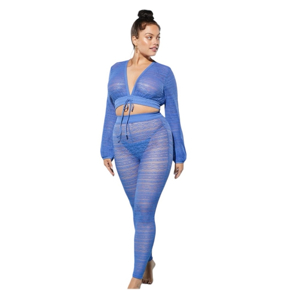 NWT! Fabletics Yitty Knit Slip Open Backed Ruched Ceop Top and Legging in Blue